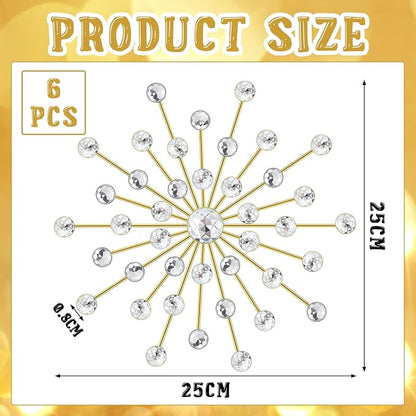 Barydat 6 Pcs Metal Starburst Wall Decor Bling Crystal Wall Art Rhinestone Sunburst Home Decoration No Punch Starburst Hanging Diamond Accents for Living Room Bedroom(25cm,Gold)
