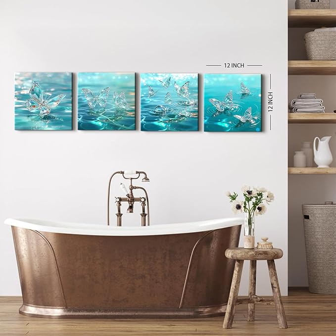 4 Piece Butterfly Wall Art Turquoise Pictures for Bedroom Decor Crystal Butterflies Wall Decor Teal Blue Butterfly Posters Prints Water Scenery Paintings Artwork Living Room Home Decorations 12x12”