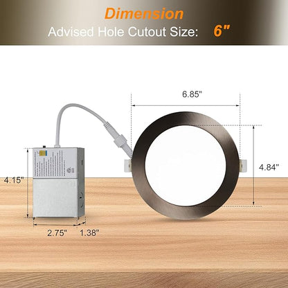 ZYC Recessed Lighting 6 Inch - 12W 1100LM LED Recessed Ceiling Light with Night Light,2700K/3000K/4000K/5000K/6000K Selectable Ultra-Thin Lighting,Dimmable Canless Wafer Downlight,Pack of 6（Bronze）.