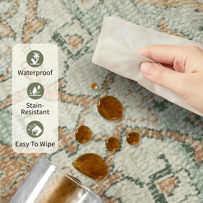 Rugxara 6x9 Area Rugs for Living Room Bedroom, Large Washable Rug, Green Vintage Floral Boho Style, Non Slip & Low Pile Carpet for Indoor Dining Room, Dorm and Kids Room(Green 6x9ft)