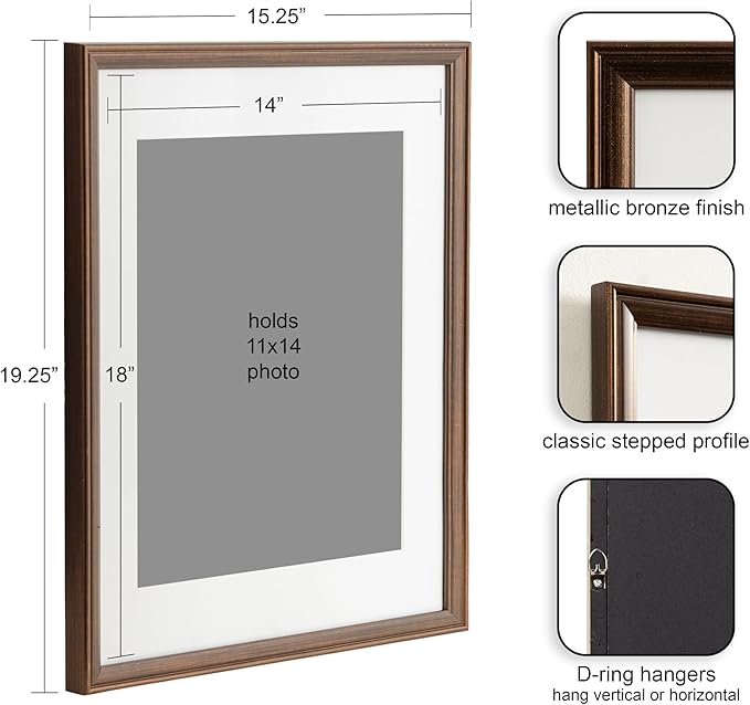 Kate and Laurel Adlynn Rectangle Picture Frame Set of 3; 14 x 18 matted to 11 x 14; Bronze; Vintage Three-Piece Frame Set for Gallery Wall Frame Set in Living Room Wall Decor