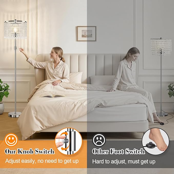 【Upgraded】 Dimmable Crystal Floor Lamps for Living Room, 1000LM LED Bulb Included, Standing Lamp with Knob Switch, Tall Silver Modern Floor Lamp for Bedroom Nursery Office Reading