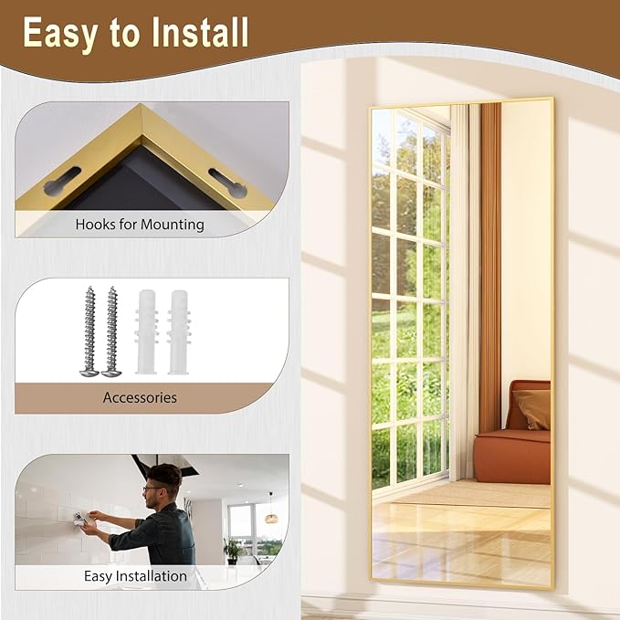 GLSLAND 64"x21" Full Length Mirror Big Standing Mirror Freestanding Hanging or Leaning Rectangle Floor Mirror Aluminum Alloy Thin Frame for Bedroom Living Room,Gold