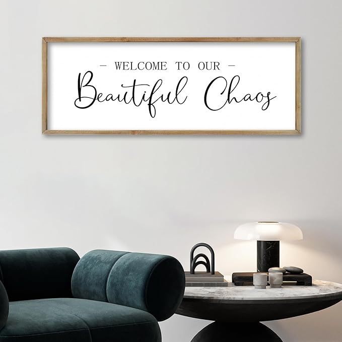 FZMHASLWW Welcome To Our Beautiful Chaos Sign Wall Decor 32"×12" Family Wooden Plaque for Living Room Entryway Hanging Wall Art (Wood)