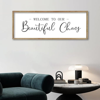 FZMHASLWW Welcome To Our Beautiful Chaos Sign Wall Decor 32"×12" Family Wooden Plaque for Living Room Entryway Hanging Wall Art (Wood)