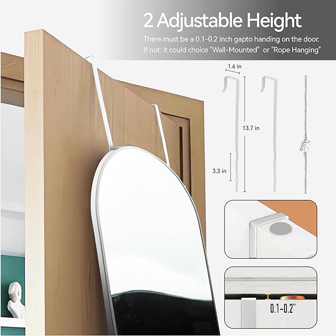 SCWF-GZ 57x16 Door Hanging Full Length Mirror, Floor Stand (Height 5.7ft just Body in1.3ft) / Wall Mounted Metal Frame Arch Dressing Mirrors for Bedroom Living Room 57 inch Silver