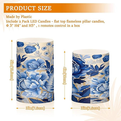 ALAZA White Navy Blue Flowers Floral Flickering Flameless Candles Battery Operated with Remote Timer,Tea Light Candles LED Pillar Votive Candles Set of 2 for Outdoor Indoor Decorations