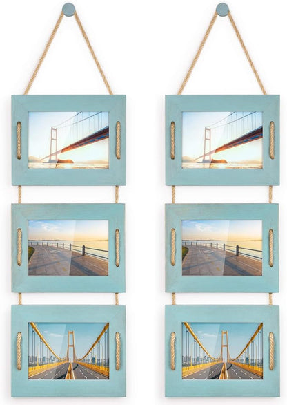 DLQuarts 5x7 Hanging Picture Frames Collage Wall Decor, Photo Frames 5x7 Without Mat & 3.5x5 with Mat, Rustic Wood 3-Frame, Ocean Blue, 2-Pack