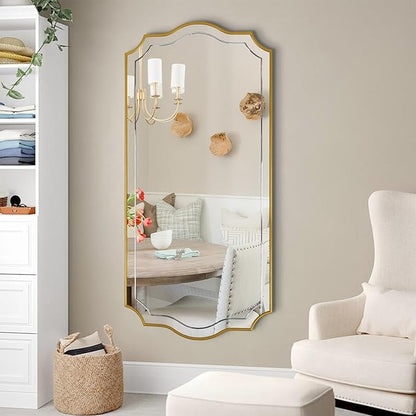 POZINO Gold Scalloped Mirror, 24"x47" Large Rectangle Aesthetic Wall Mirror with Wood Frame, Modern Elegant Wavy Mirrors for Living Room Bedroom Hallway Entryway, Horizontal or Vertical Hanging
