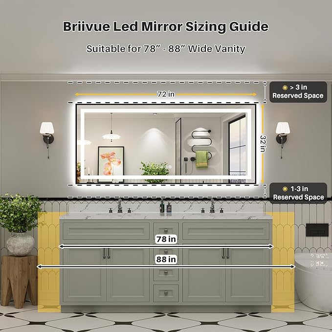 72x32 Inch LED Bathroom Mirror with Black Frame, Backlit & Front Lit, Anti-Fog Lighted Bathroom Vanity Mirror for Wall, Memory Function, Dimmable, HD Tempered Glass, Shatter-Proof
