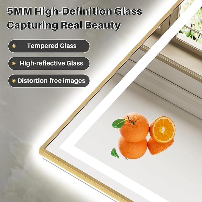 72x36 Inch LED Bathroom Mirror with Gold Frame, Backlit & Front Lit, Anti-Fog Lighted Bathroom Vanity Mirror for Wall, Memory Function, Dimmable, HD Tempered Glass, Shatter-Proof