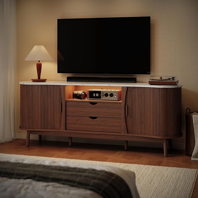ONBRILL 70 Inch Fluted TV Stand for TVs up to 80 Inch, Curved Entertainment Center with LED Light, Power Outlet, Storage, Mid Century Modern Media TV Console Table for Living Room, Bedroom, Walnut
