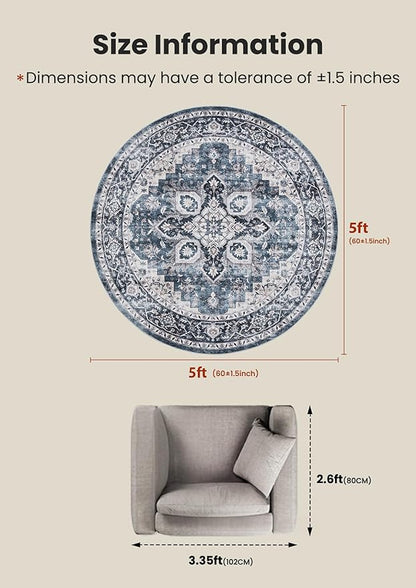 AMADA HOMEFURNISHING Round 5ft Area Rugs, Low-Profile Washable Rug with Non-Slip Backing & Durable Edge Binding, Vintage Rugs for Living Room, Bedroom, Dinning Room