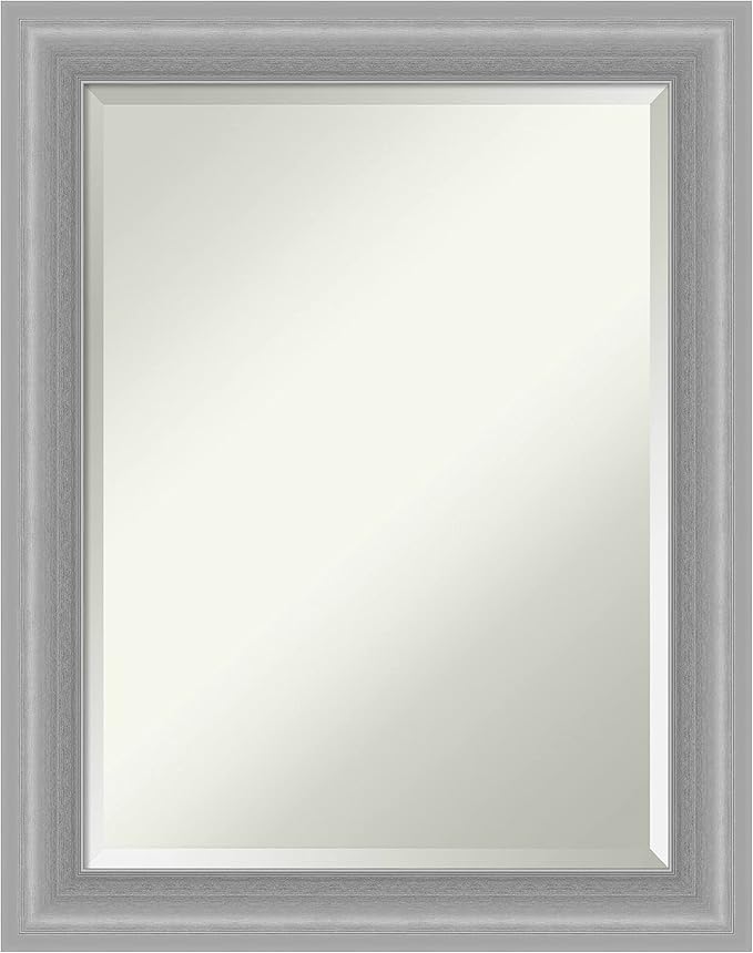 Amanti Art Silver Bathroom Mirror for Over Sink, 29x23 Peak Polished Nickel Narrow Rectangle Vanity Mirror, Medium Traditional Frame, Hangs Horizonally and Vertically, Bathroom Wall Decor, Beveled