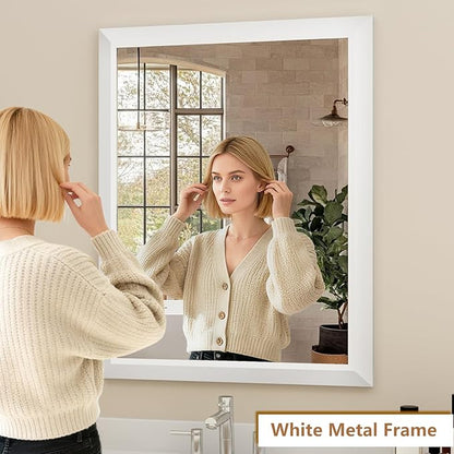 SMIROR Matte White Bathroom Mirror for Over Sink, 24”x 32” Metal Thick Framed Rectangle Vanity Mirror for Wall, Right Angle Corner, Anti-Rust, Horizontally or Vertically Mounted