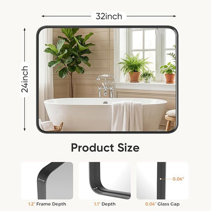Sweetcrispy Bathroom Wall Mirror, 32x24 Inch Wall Mount Mirror for Over Sink, Modern Rounded Rectangle Vanity Mirror with Matte Metal Framed, for Home Decor, Living Room, Bedroom, Black