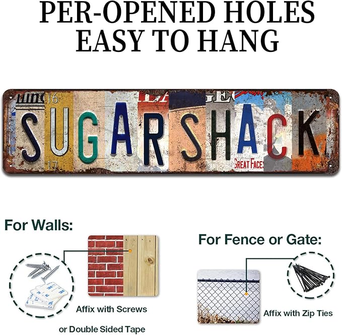 Vintage "Sugar Shack" Metal Tin Sign - Retro Rustic Wall Art for Kitchen, Farmhouse, Café, Cabin Décor - 4x16 Inch