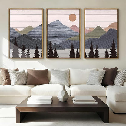 ANHUIB Mountain Framed Wall Art 16x24 Inch Large Nature Wilderness Art Print Abstract Landscape Painting Set of 3 for Living Room Bedroom Office