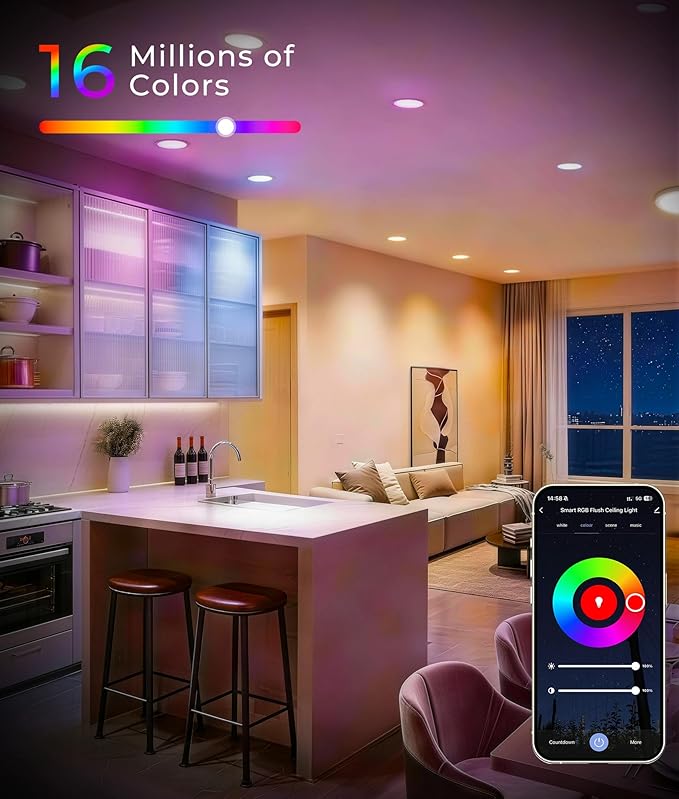 Smart Recessed Lighting 6 inch, 16 Million Colors, 1200LM, Wi-Fi Bluetooth Direct Connect RGBCW Canless Recessed Lighting with Junction Box with Alexa & Google Assistant for Whole Home Lighting,6-Pack