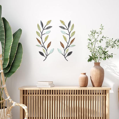 Zhengmy 2 Pieces Metal Tree Leaf Wall Decor Vine Olive Branch Leaf Wall Art Living Room, Hallway Wall Decor Outdoor Decoration(Multi Color)