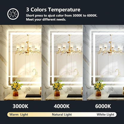 44x32 Inch LED Bathroom Mirror with Lights Front and Backlit Lighted Vanity Mirror for Bathroom Wall with 3 Colors Dimmable Anti-Fog Memory Shatter-Proof IP54 Waterproof Horizontal/Vertical