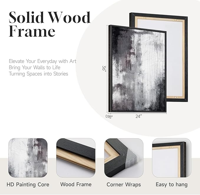 Framed Black and White Abstract Wall Art for Living Room, Large 3 Piece Modern Grey Canvas Artwork for Walls, Minimalist Abstract Prints Pictures Home Office Dining Room Hallway Wall Decor, 24x36 In