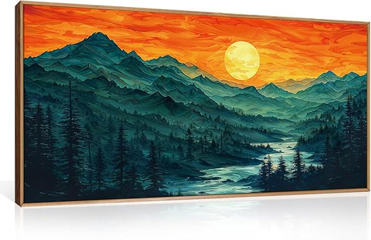 Woodland Mountain Framed Canvas Wall Art Set, Abstract Ridge Wall Painting, Boho Sunset Scenery Wall Decor, Modern Natural Landscape Art Print for Living Room, Bedroom, Office - 20"x40"