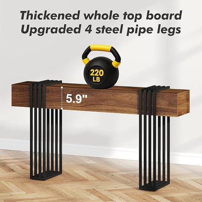 knoworld 63 Inch Long Console Table, Extra Thick Industrial Sofa Table Behind The Couch Rectangular Entryway Table for Entrance Hallway Living Room, Entire top Board & 4-Pipe Legs, Rustic Brown