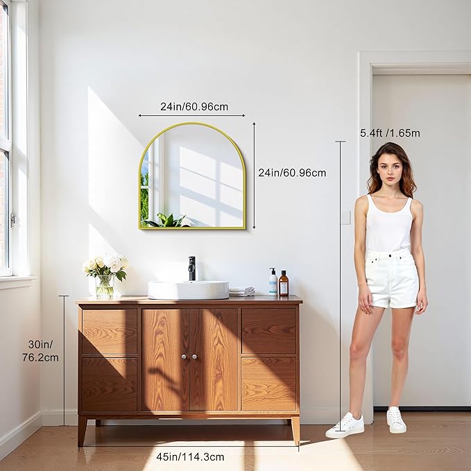 CIRCUMI Arched Wall Mirror, 24"x24" Gold Arched Mirror with Tempered Glass, Metal Frame, Large Size for Entryway Table, Mantel,Living Room,Over Sink,Arch Mirror for Decor,Shatterproof&Crystal-Clear