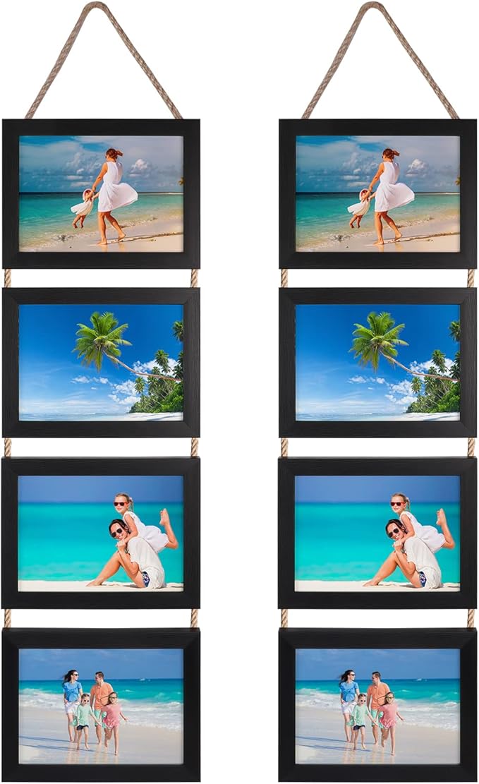 Lavezee 5x7 Hanging Collage Picture Frames Set of 2, Black 8 Opening Horizontal Frame Made to Display 5 x 7 Inch Photo for Wall Decor