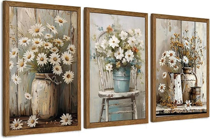 DUWQU 3 Pieces Framed Elegant Farmhouse Canvas Wall Art, Vintage Floral Pictures Wall Decor, Nature Themed Daisy Art Prints for Living Room Bedroom Kitchen and Office Ready to Hang 20×30 Inches