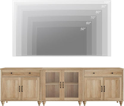 WAMPAT Farmhouse TV Stand for 100 Inch TV, 3-in-1 TV Console Table for 75/80/85/90 Inch TV, Entertainment Center with Glass & Wood Door, Kitchen Sideboard Buffet Cabinet for Dining Room, Oak