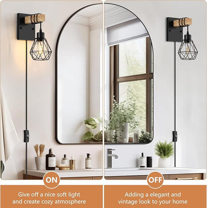 Lomoky Plug in Wall Sconces Set of Two, Vintage Wood Wall Lamps with Plug in Cord, Farmhouse Wall Light Fixture with 5.25FT On/Off Switch Cord, Indoor Sconces Lighting for Bedroom Living Room