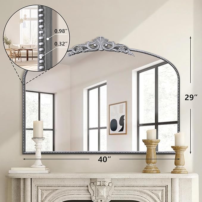 Micasso Large Vintage Silver Mirror: 40"x29" French Baroque Antique Arched Mirror - Traditional Ornate Decorative for Wall/Fireplace/Mantel/Entryway/Bathroom/Hallway - Home Decor for Living Room