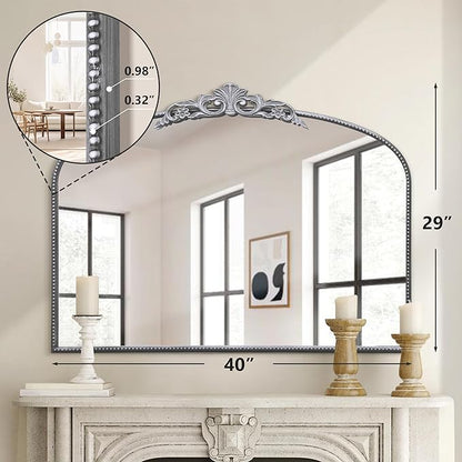 Micasso Large Vintage Silver Mirror: 40"x29" French Baroque Antique Arched Mirror - Traditional Ornate Decorative for Wall/Fireplace/Mantel/Entryway/Bathroom/Hallway - Home Decor for Living Room