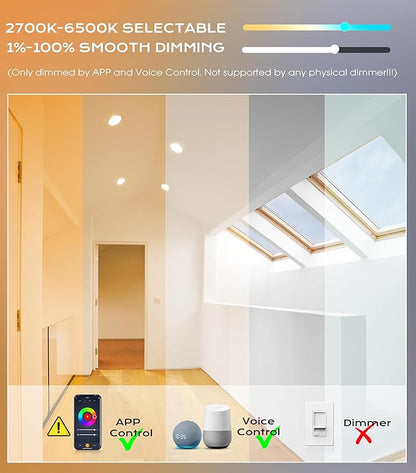 CLOUDY BAY 4 inch Gimbal Smart WiFi LED Recessed Lights,RGBCW Color Changing,Compatible with Alexa and Google Home Assistant,No Hub Required,2700K-6500K,IC Rated,Pack of 4