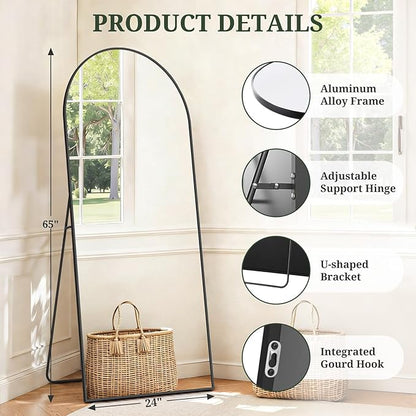 Mirror Full Length 65"x24" Full Body Floor Mirror with Stand, Shatterproof Glass, Aluminum Alloy Frame, Free Standing Wall Mounted or Leaning Arched Mirrors for Bedroom Living Room Entryway