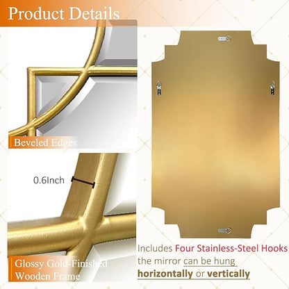 36 * 24 Beveled Gold Rectangular Mirror for Wall, Traditional Art Decorative Vanity Mirror for Bathroom Living Room Bedroom Kitchen Entrance