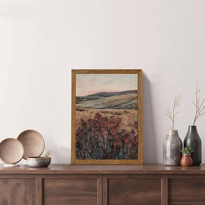 JLTULT Framed Vintage Landscape Canvas Wall Art, Maroon Flower Scenery Paintings Wall Decor, Maroon Dark Wildflower Picture Art Prints for Living Room Bedroom Office Decoration 12x16 inch Easy to Hang