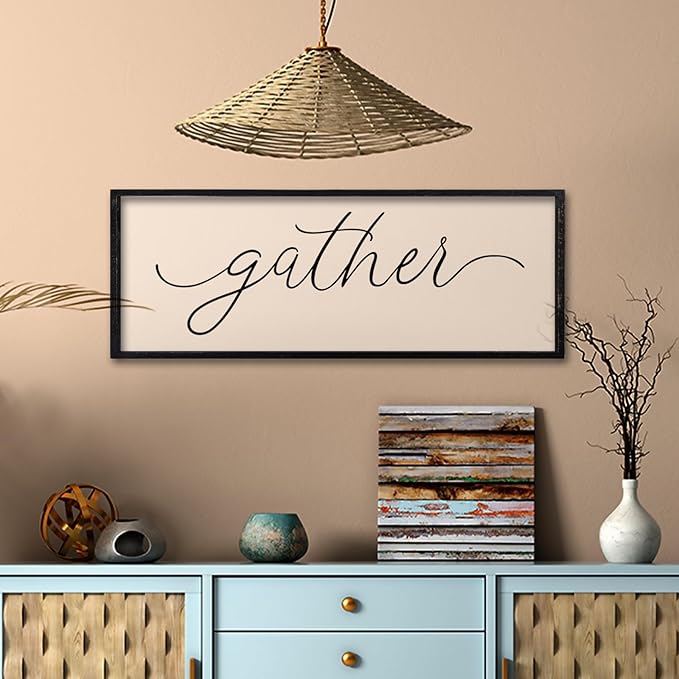 comurdyo Dining Room Gather Wall Art Decor Sign 32"×12" for Modern Home Minimalist Rustic Farmhouse Gathering Living Room Large Wall Plaque Horizontal Hanging (Black)