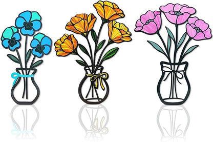 FaloStwer 3 Pieces Metal Vase Flowers Wall Arts Decor, Rustic Farmhouse Style Décor Metal Wall Decors Sculptures, Minimalist Flower Natural Themed Decorations for Home Bedroom Dining Room Housewarming Gifts(Colorful-D)