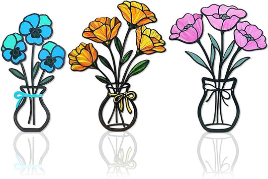 FaloStwer 3 Pieces Metal Vase Flowers Wall Arts Decor, Rustic Farmhouse Style Décor Metal Wall Decors Sculptures, Minimalist Flower Natural Themed Decorations for Home Bedroom Dining Room Housewarming Gifts(Colorful-D)