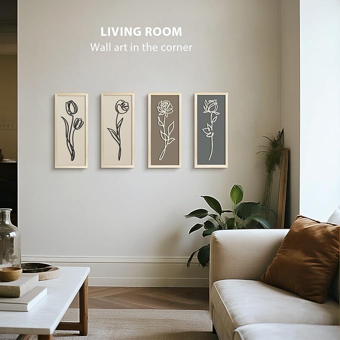 VIYYIEA Wooden 3d Floral Bathroom Wall Decor, Ready-to-Hang Framed Wall Art For Living Room, Bedroom and Office, Boho Botanical Farmhouse Decoration, Lightweight but Valuable Gift (7x16 In, set of 2)