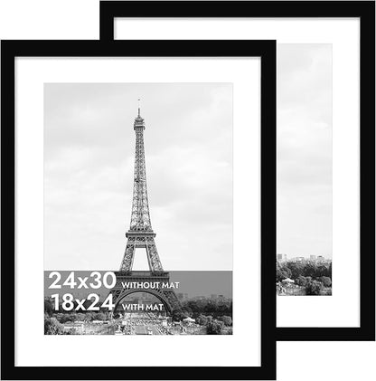 iRahmen 24x30 Poster Frame with 18x24 Mat - Plexiglass Wooden Picture Frames for Photo Wall Gallery Mounting (Pure Black, Set of 2)