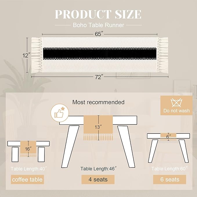 FEXIA Boho Table Runner for Summer Home Decor with Tassels 72 Inches Long Farmhouse Rustic Black Gothic Table Runner Macrame Gothic Burlap Table Decoration for Kitchen Living Room (12x72 Inches)