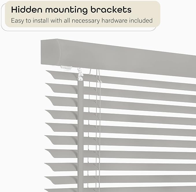 Cordless Light Filtering Mini Blind - 32 Inch Width, 64 Inch Length, 1" Slat Size - Grey - Cordless GII Morningstar Horizontal Windows Blinds for Interior by Achim Home Decor