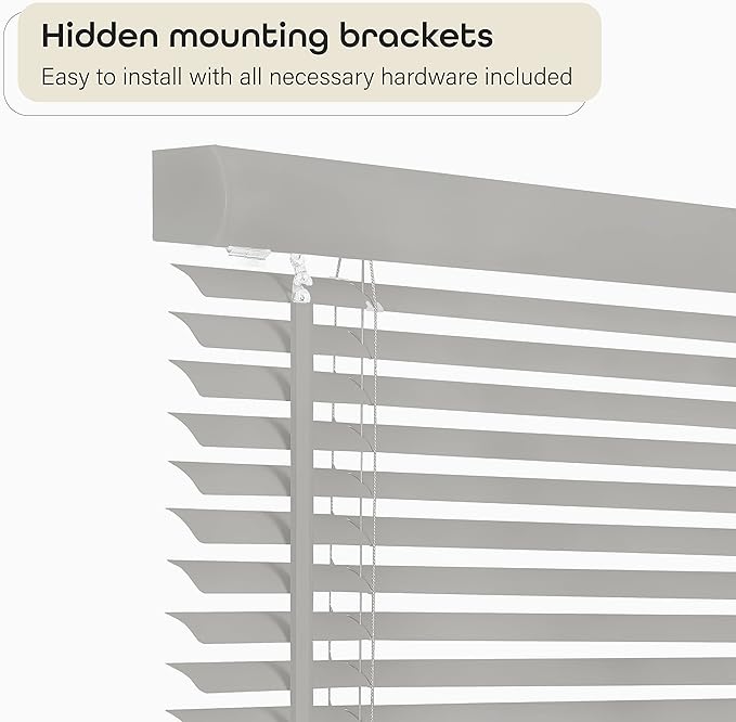 Cordless Light Filtering Mini Blind - 33 Inch Width, 64 Inch Length, 1" Slat Size - Grey - Cordless GII Morningstar Horizontal Windows Blinds for Interior by Achim Home Decor