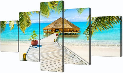 Beach Palm Tree House Scene of Sea Landscape Picture Modern Painting on Canvas 5 Piece Framed Wall Art for Living Room Bedroom Kitchen Home Decor Gallery Wrap Giclee Print (60’’W x 32’’H)