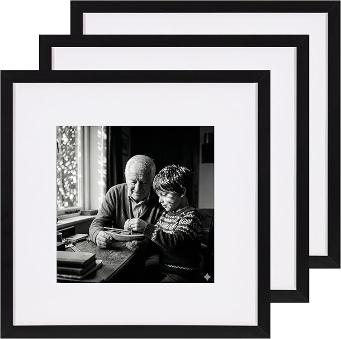 eletecpro Gallery Wall Frame Set of 3, 12x12 Inch Square Black Frames with 8x8 Mat, Scratch-Resistant Finish for Modern Home Decor