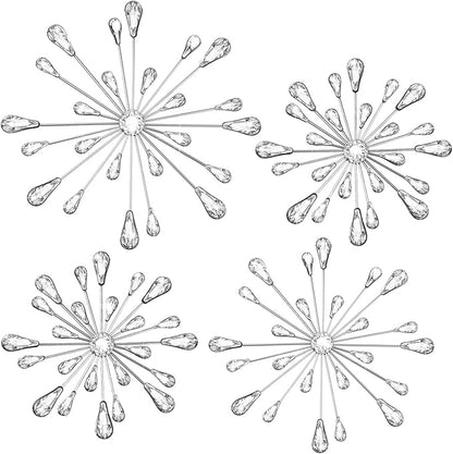 Hicarer 4 Pcs Starburst Wall Decor Bling Wall Art Crystal Teardrop 3D Hanging Rhinestone Radial Metal Artwork Modern Accent Sculptures Decorations for Living Room Home Office Bedroom(Silver)